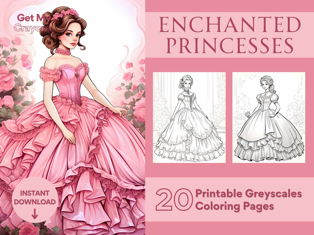 Enchanted Princesses Pages for Adults Teens Kids 20 Greyscale Pages to ...