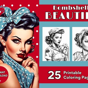 Puede incluir: Un conjunto de 25 páginas para colorear imprimibles con ilustraciones de mujeres al estilo pin-up con el texto "Bombshell Beauties". La imagen de portada muestra a una mujer con el pelo azul y una diadema de lunares azules y blancos.