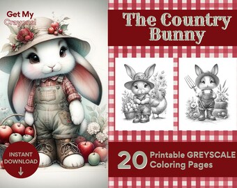 The Country Bunny Coloring Pages, For Adults, Teens, and Kids 20 Greyscale Pages Printable PDF PNG