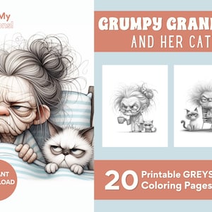 Peut inclure: Un ensemble de 20 pages à colorier en niveaux de gris imprimables mettant en scène une grand-mère grincheuse et son chat. Les pages sont parfaites pour les adultes et les enfants qui aiment colorier.