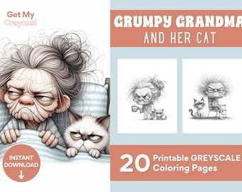 Grumpy Grandma and Her Cat Coloring Pages For Adults Teens Kids and Girls 20 Greyscale Pages Printable PDF PNG Instant Download Coloring