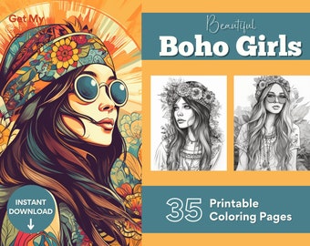 Boho Girls Coloring Pages For Adults Teens 35 Greyscale Pages to Color Printable PDF PNG Instant Download Coloring to Relax and Unwind