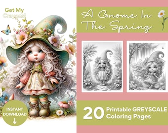 Cute Gnomes In The Spring Coloring Pages, For Adults, Teens, and Kids 20 Greyscale Pages Printable PDF PNG Instant Download