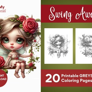 Puede incluir: Una descarga digital de 20 páginas para colorear imprimibles con un hada con rosas rojas en el pelo, sentada en un columpio. El título "Swing Away" está escrito en cursiva sobre las páginas para colorear. El texto "Páginas para colorear en escala de grises imprimibles" está debajo de las páginas para colorear.
