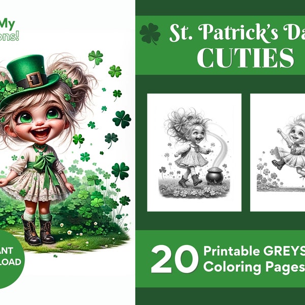 St. Patrick's Day Girls Coloring Pages For Adults Teens Kids and Girls 20 Greyscale Pages to Color Printable PDF PNG Instant Download