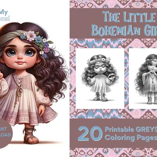 The Little Bohemian Girl Coloring Pages For Adults Teens & Kids 20 Greyscale Pages to Color Printable PDF PNG Instant Download