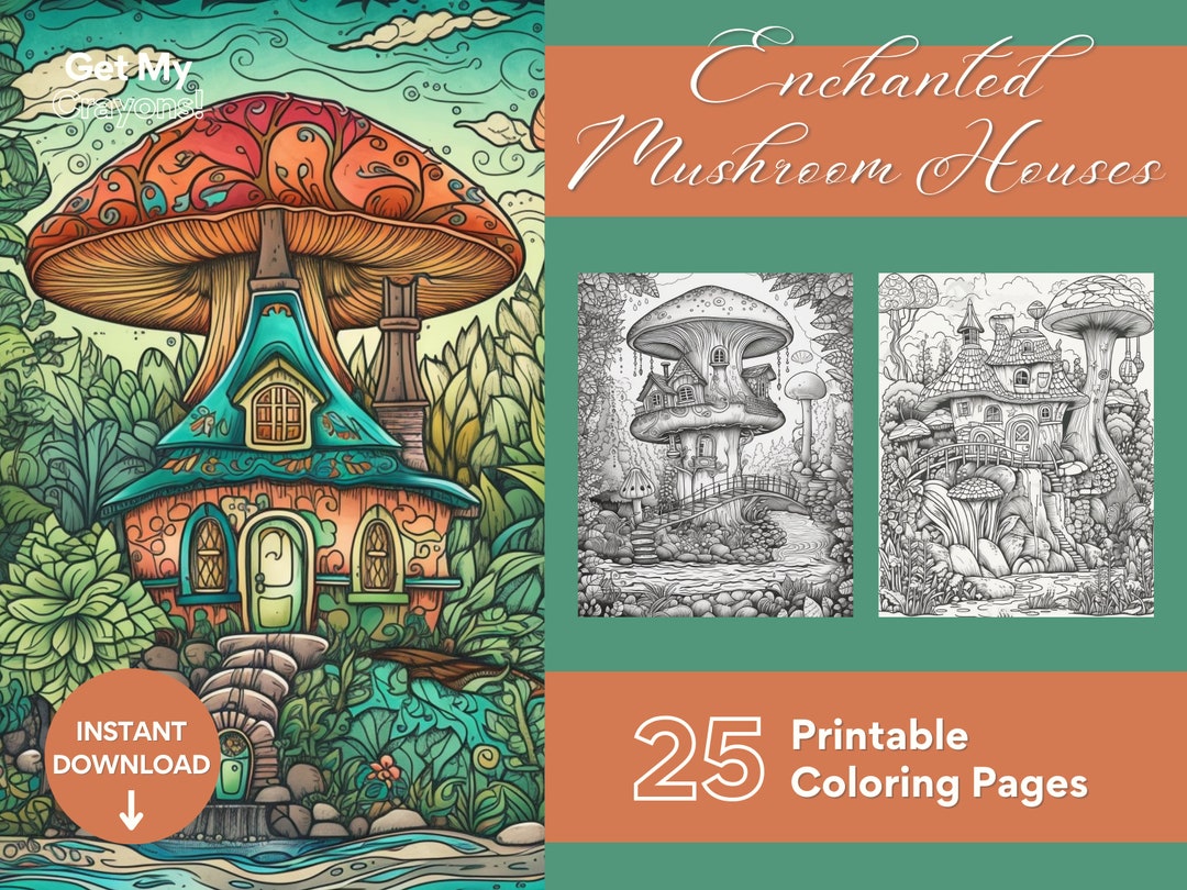 Enchanted Mushroom House Coloring Pages for Adults 25 Greyscale Pages ...