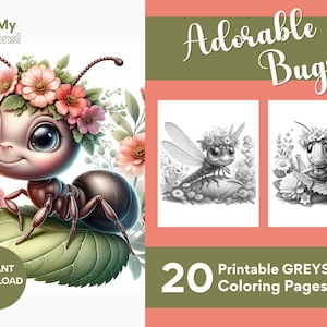 Adorable Bugs Coloring Pages, For Adults, Teens, and Kids 20 Greyscale Pages Printable PDF PNG