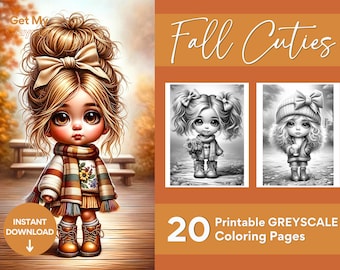 Fall Cuties Coloring Pages, For Adults, Teens, and Kid, 20 Greyscale Printable Digital Instant Download Adorable Girls Dressed for Autumn