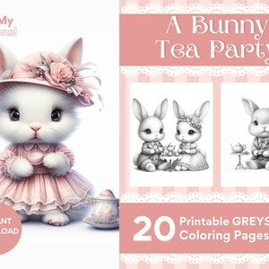 May include: A set of 20 printable grayscale coloring pages featuring adorable bunny rabbits dressed in fancy attire, enjoying a tea party. The text "A Bunny Tea Party" is displayed above the images.