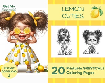 Lemon Cuties Coloring Pages, For Adults, Teens, and Kid, 20 Greyscale Printable Digital Instant Download
