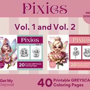 Söta små älvor i blommor, del 1 och del 2, målarbilder, två set för vuxna, tonåringar och barn, 20 gråskaliga sidor, utskrivbara PDF PNG