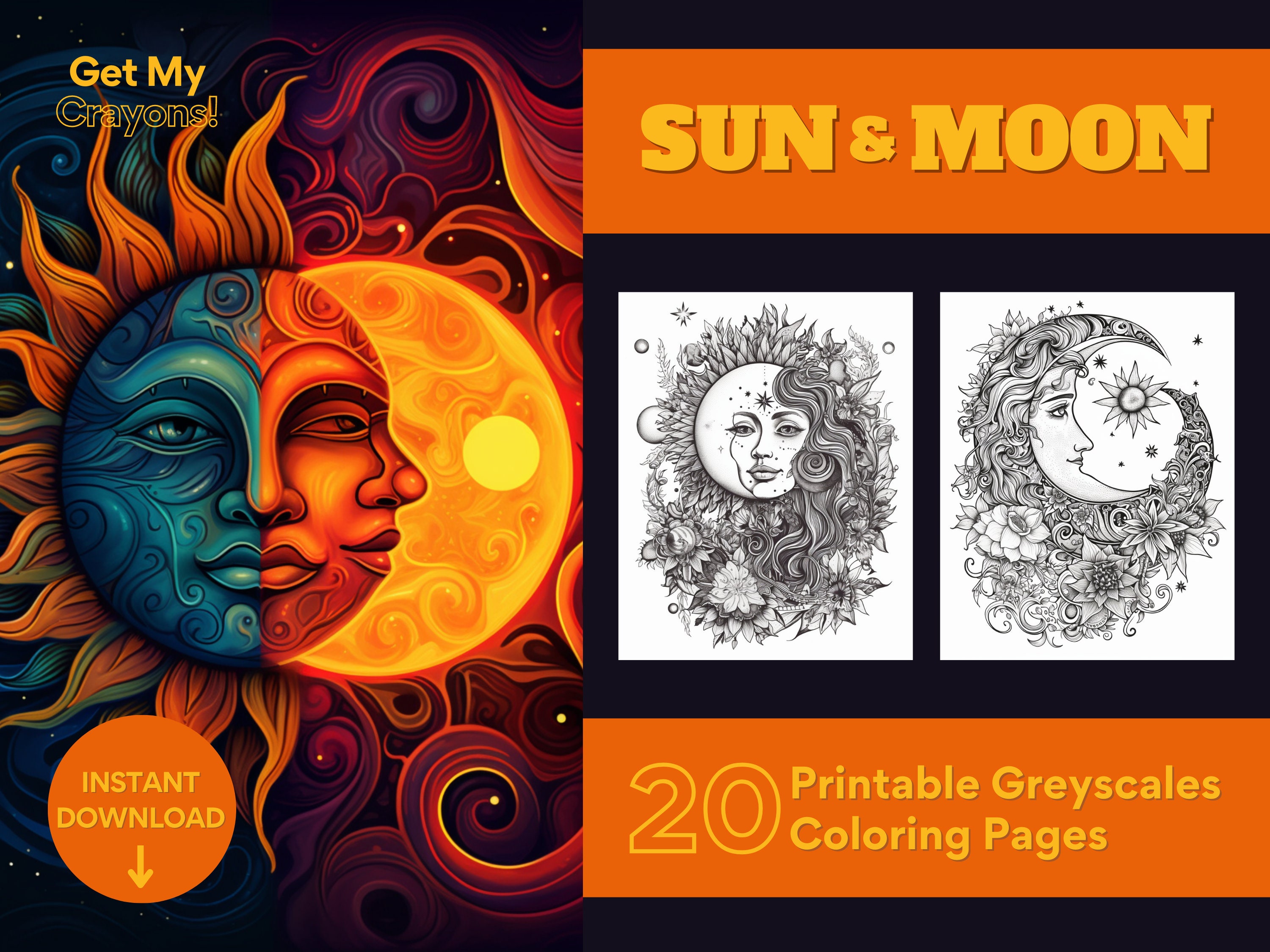 Sun and Moon Coloring Pages for Adults 20 Greyscale Pages to Color
