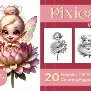 Puede incluir: Un conjunto de 20 páginas para colorear en escala de grises imprimibles con lindas hadas pixie sentadas dentro de flores. El título del conjunto es "Pixies Vol. 2".