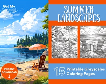Summer Landscapes Coloring Pages For Adult Teens Kids 15 Greyscale Pages to Color Printable PDF PNG Instant Download Stress/Anxiety Relief