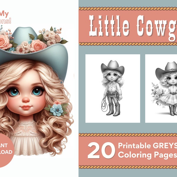 Adorable Little Cowgirl Coloring Pages, For Adults, Teens, and Kids 20 Greyscale Pages Printable PDF PNG Instant Download