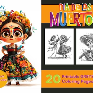 Día de los Muertos Páginas para colorear del Día de los Muertos para adultos y adolescentes 20 páginas digitales en escala de grises para colorear, descarga instantánea en formato PDF e PNG