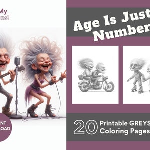 Könnte beinhalten: 20 druckbare Graustufen-Malvorlagen mit einem älteren Paar in verschiedenen Aktivitäten, darunter Musik spielen, Motorrad fahren und Rollschuhlaufen. Der Text "Age Is Just A Number" wird über den Bildern angezeigt.