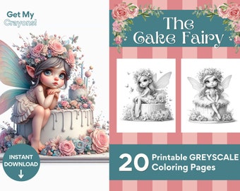 Adorable Fairies on Cakes Coloring Pages For Adults Teens Kids and Girls 20 Greyscale Pages to Color Printable PDF PNG Instant Download