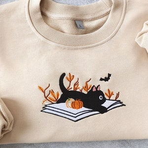 Embroidered Halloween Cat Shirt, Halloween Sweatshirt, Fall sweatshirt, Cat sweater, Black Cat Shirt,Book Crewneck,Fall Clothing