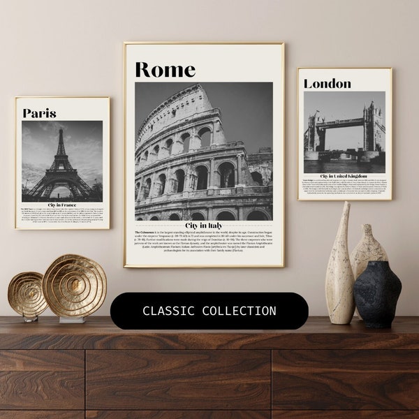 Set of 6 Europe landmark cities digital art print, london, paris, rome, athens, seville, dresden, downloadable art, office decor