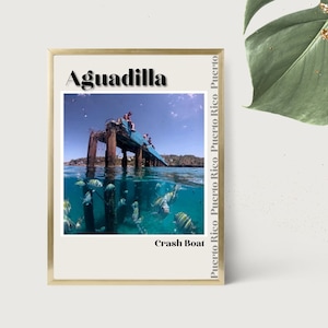 Può includere: Una fotografia incorniciata di un molo ad Aguadilla, Porto Rico. Il molo è parzialmente sommerso nell'acqua e ci sono pesci che nuotano intorno. Il testo "Crash Boat" è stampato sotto l'immagine.