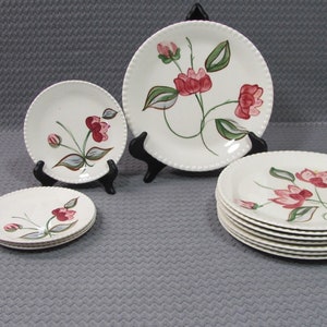 May include: A collection of white ceramic plates with a floral design. The plates feature a red and green floral pattern and a beaded edge. The set includes plates of various sizes, perfect for serving a meal.