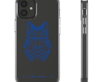Blue Tribal Wolf Clear Phone Case, Wolf Lover Gift, Transparent Case, Animal Print Cover, Unique Phone Accessory