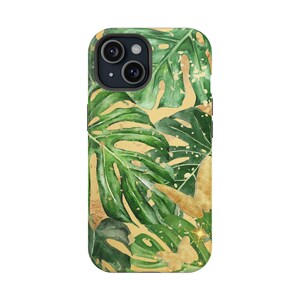 Floral Monstera Cell Phone Case Green Gold, Impact Resistant iPhone Case, Botanical Phone Cover, Tropical Phone Case, Cute Gift
