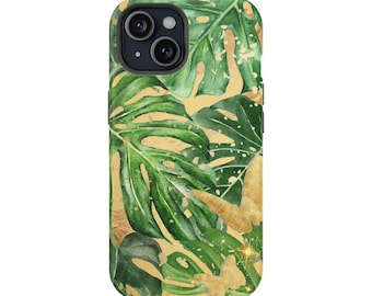 Funda de teléfono celular Monstera floral oro verde, funda de iPhone resistente a impactos, cubierta de teléfono botánico, funda de teléfono tropical, lindo regalo