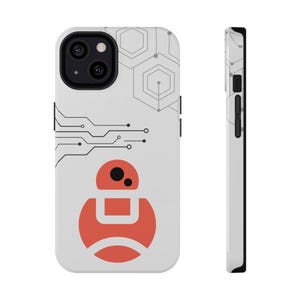 Op de afbeelding: Een witte telefoonhoes met een rood robotontwerp en een grijs printpatroon van een circuitbord. De hoes heeft een zwarte camera-uitsparing en een zwarte rand.