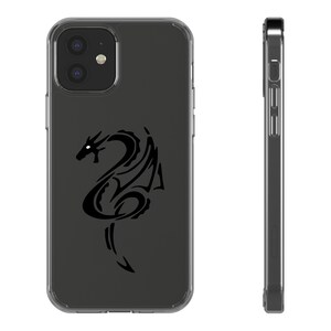 May include: Clear phone case featuring a black dragon design. The dragon is stylized with curved lines and a detailed head. The case is shown from the front and side, highlighting its transparent edges and button placements. The phone case is designed to fit a smartphone.