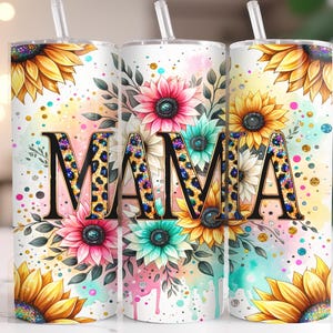 Sunflower Mama Cup Tumbler Design Pink Leopard Print Drinkware Stainless Steel Double Walled Straw Lid Summer Gift for Mom Birthday Present