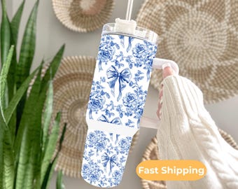 Chinoiserie Tumbler Cup Holder Design Pattern Blue Floral Container Drink Holder French Country Style Decor Birthday Gift For Her Bridal