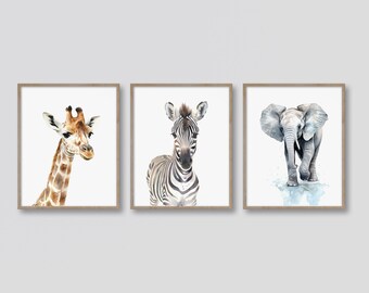 Afdrukbare ontwerpen van een babygiraf, zebra en olifant voor de kamer van mijn kind