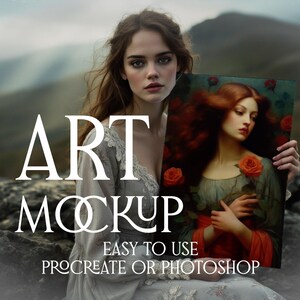 May include: A woman holding a framed artwork featuring a portrait of a woman with red hair and roses. The image has the text "ART MOCKUP" and "EASY TO USE PROCREATE OR PHOTOSHOP" in white.
