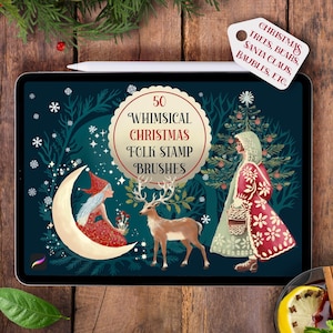 50 Christmas Stamps, Festive Yule Whimsical Folksy Procreate Brushes and Procreate Colour Palette