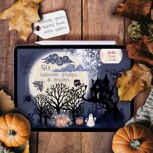 May include: A digital illustration of 50 Halloween stamps and brushes. The image features a spooky forest scene with a haunted house, a ghost, and a full moon. The text "50 Halloween Stamps & Brushes" is displayed in the center of the image. The text "Bella Nova Ciaia" is displayed in the upper right corner of the image.