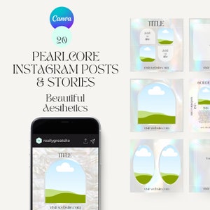 Può includere: Un set di 20 modelli di post e storie di Instagram con un'estetica pearlcore. I modelli presentano uno sfondo iridescente pastello con un arco bianco e un paesaggio verde e blu all'interno. Il testo "TITLE" è in cima al modello, e il testo "visit website.com" è in fondo al modello.