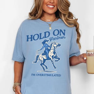 Hold On Partner I'm Overstimulated Shirt Comfort Colors Unhinged Shirts Weirdcore Clothing Vintage Cowgirl Aesthetic Funny Meme Shirt Washed Denim