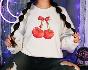 Cherry Coquette Sweatshirt, Coquette Clothing, Soft Girl Era, Aesthetic Sweatshirt, Ribbon Sweatshirt, Cherry Sweatshirt, Pink Bow, Cherries