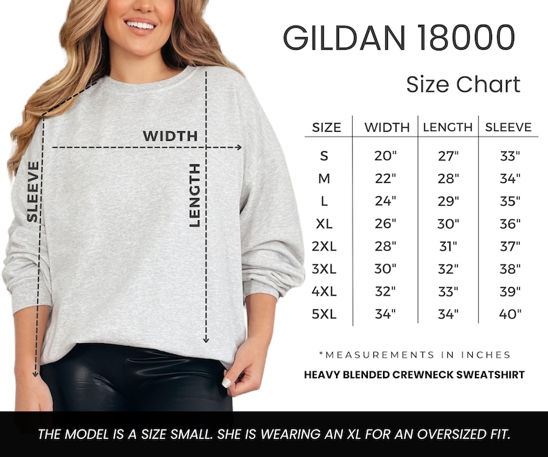 K&ouml;nnte beinhalten: Gr&ouml;&szlig;entabelle f&uuml;r Gildan 18000 schwere, melierte Crewneck-Sweatshirts. Die Tabelle zeigt die Ma&szlig;e in Zoll f&uuml;r Breite, L&auml;nge und &Auml;rmell&auml;nge f&uuml;r die Gr&ouml;&szlig;en S bis 5XL.