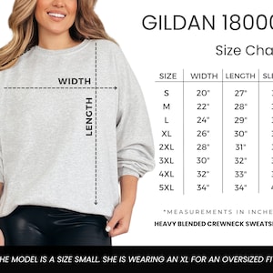 May include: Size chart for Gildan 18000 heavy blended crewneck sweatshirt. The chart shows measurements in inches for width, length, and sleeve length for sizes S through 5XL.