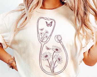 Nurse Shirt Pressed Flowers RN Shirt Vintage Graduation Gift for Nurse Registered Nurse Shirt Boho Stethoscope Shirt Cottagecore Floral Tee