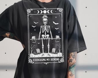 Halloween Gym Shirt Funny Pump Cover Comfort Colors Exercising My Demons Graphic Tee Trending Halloween Shirt for the Gym