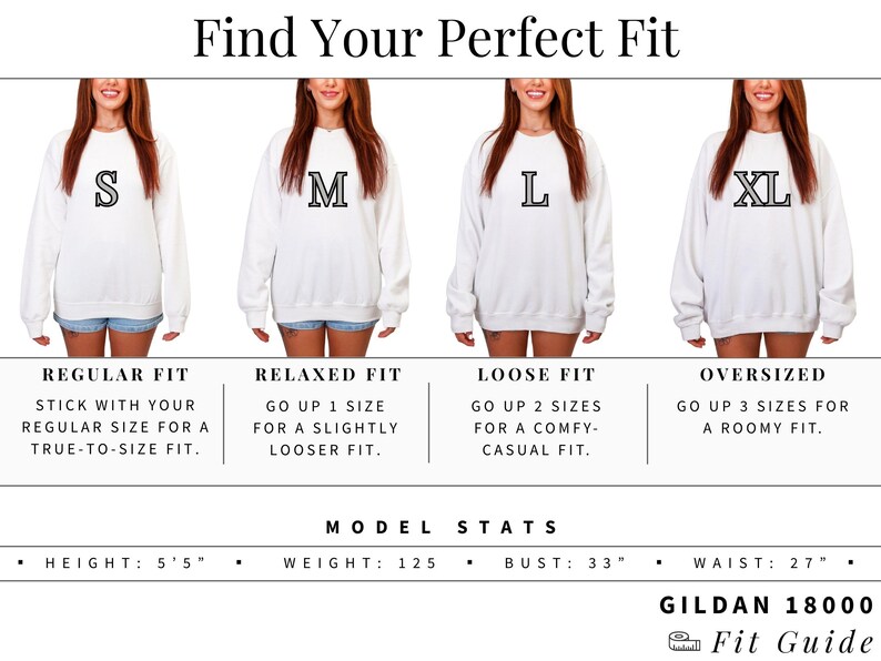 May include: A size guide for a Gildan 18000 sweatshirt featuring four white sweatshirts labeled S, M, L, and XL. Text includes Find Your Perfect Fit, Regular Fit, Relaxed Fit, Loose Fit, Oversized, and model stats: Height 5'5", Weight 125, Bust 33", Waist 27".