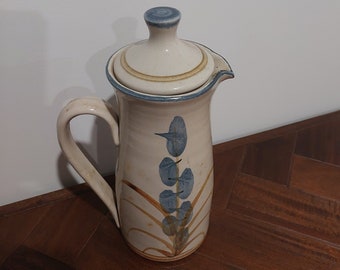 Vintage Water Jug - Hand Made Pottery -  Antique Stoneware Water Pitcher - Hand Painted Ceramic Pitcher - Australian Farm House Jug With Lid