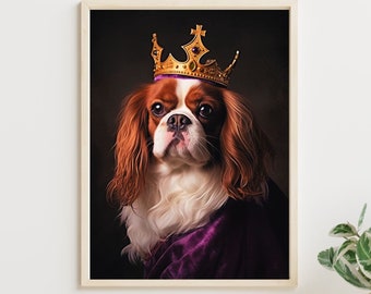 Cavalier King Charles Spaniel | Vintage Print of Royal Dog Dressed as King | Digital Download | Retro Printable Wall Art | Cute Dog Art