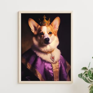 Royal Corgi | Vintage Print of Corgi Dressed in Purple Robe | Digital Download | Royal British Printable Wall Art | Dog & Royal Lover