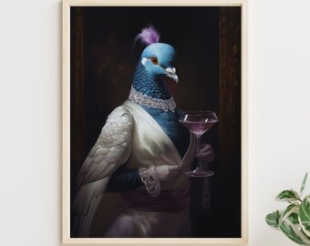 Pigeon fantaisie au cocktail | Robe de soirée en forme d'oiseau | Téléchargement numérique | Art mural imprimable bizarre | Art éclectique pour la décoration intérieure